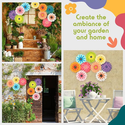 Zhehao 9 Pcs Metal Flower Wall Art Hanging 3D Daisy Decor Metal Flowers Outdoor Decor Multicolored Layered Floral Sunflower Wall Decorations for Home Garden Porch Patio(Bright Color,10 Inch)