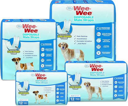 Four Paws Wee-Wee Super Absorbent Disposable Adjustable Dog Potty Training Male Wraps Diapers, Leak-Proof Protection for Puppies and Small Dogs, Extra Small, 12 Count
