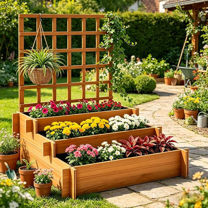 43" 3-Tier Fir Wood Raised Garden Bed Planter with Trellis | Fir wood tiered planter with trellis, liners, and 3 growing beds for flowers, herbs, veggies, vines, patio, or yard