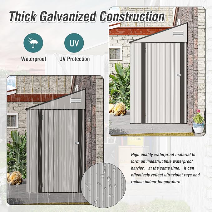 KEIKI 4' x 8' Outdoor Storage Shed with Single Hinge Door, All Weather Metal Lean to Shed with Vents, Garden Tool Shed for Bike,Toy, Garbage Can, White