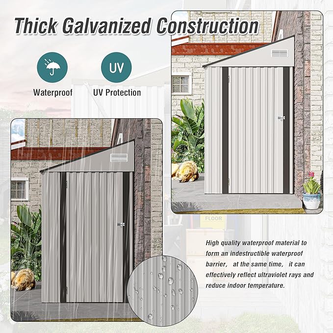 YOPTO 4x8 FT Lean to Shed, Outdoor Metal Storage Sheds with Lockable Door,Garden Tool Shed with Sloping Roof for Backayrd, Patio,Lawn,White