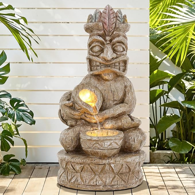 23" H Tiki Statue Outdoor Water Fountain with LED Lights | 2-Tier Tropical Artistic Water Feature with Soothing Cascading Waterfall for Relaxing Meditative Patio Backyard or Porch