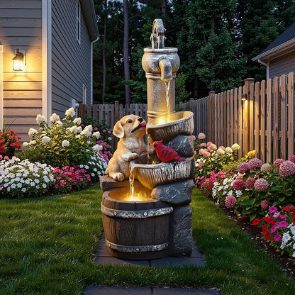 30" Puppy & Red Bird Outdoor Fountain, 3-Tier Pastoral Water Feature with LED Lights, Resin Two Bowls & Wooden Barrel Soothing Cascading Waterfall for Patio, Backyard, Garden | Pastoral Two Bowls & Wooden Barrel Water Feature Outdoor, 3-Tiers Soothing ...