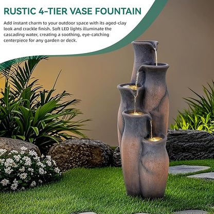 33" H Outdoor Water Fountain with Lights, 5-Tier Faux Terracotta Vase Waterfall, Rustic Cracked Stone Finish Resin Cascading Waterfall Feature with Tranquil Oasis for Garden, Patio, Yard, Porch