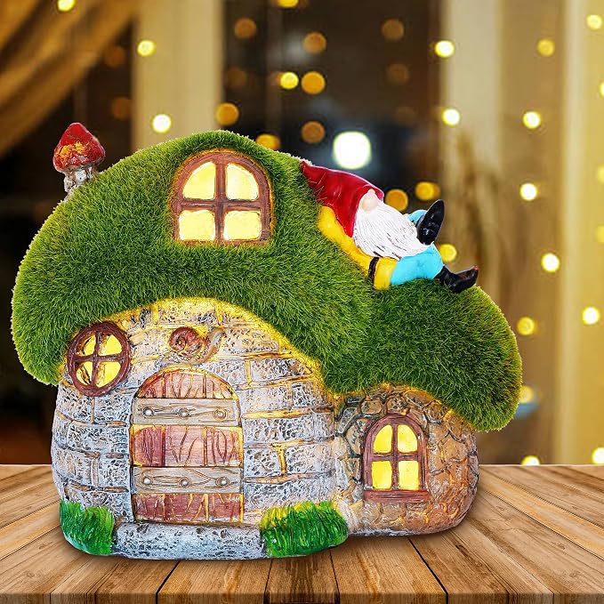House Garden Statues with Solar Lights, LED Cute Flocked Fairy House with Gnomes Garden Figurine, Outdoor Patio Yard Lawn Decorations Gift