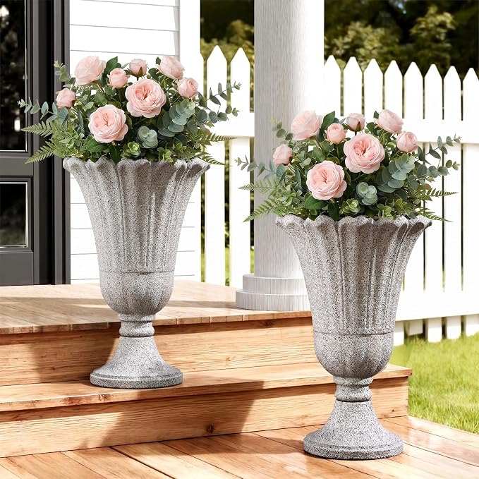 23.6" Tall Plastic Urn Planters for Outdoor Plants with Drainage Holes & Petal Design, Set of 2 Heavy-Duty Classic Indoor Large Flower Pots, Outdoor Planters for Porch/Home/Garden, Gray