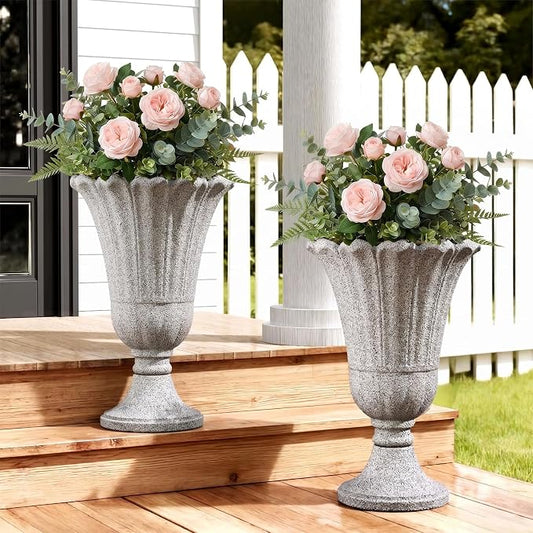 23.6" Tall Plastic Urn Planters for Outdoor Plants with Drainage Holes & Petal Design, Set of 2 Heavy-Duty Classic Indoor Large Flower Pots, Outdoor Planters for Porch/Home/Garden, Gray
