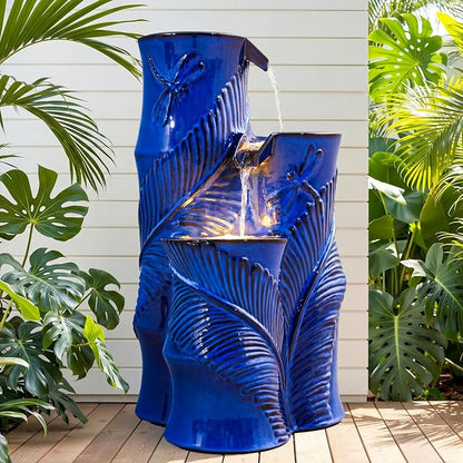Autodaya 25.5" Ceramic Outdoor Water Fountain with LED Lights, Bamboo-Style | Unique Cobalt Blue Natural Leaf Dragonfly Texture Water Feature, 3-Tier Cascading Waterfall for Garden Patio Yard Relax Oasis