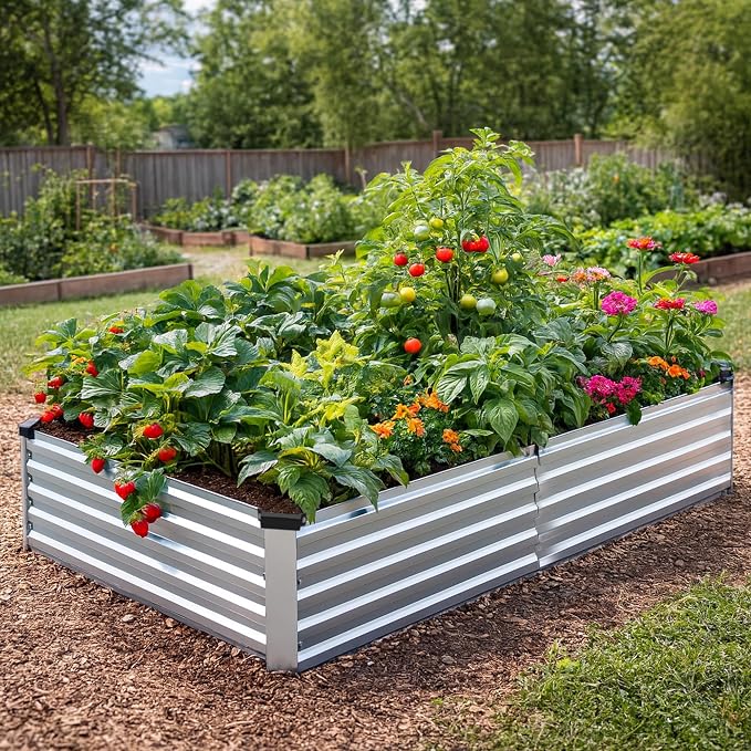 2 Pack 6x3x1FT Galvanized Metal Raised Garden Bed Kit for Vegetables, Herbs, Open-Bottom Large Capacity Outdoor Planter Box Gardening Stakes, Silver