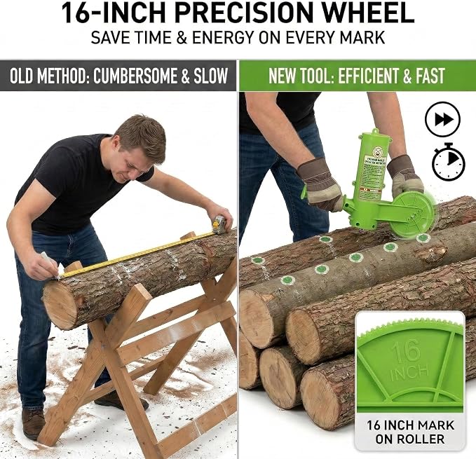 Feroca Firewood Marker Tool - Automatic Paint Marking Device with 16'' Roller Wheel, Durable Firewood Measuring Tool for Log Cutting & Woodworking, Measuring Accessory For Chainsaw Portable Design