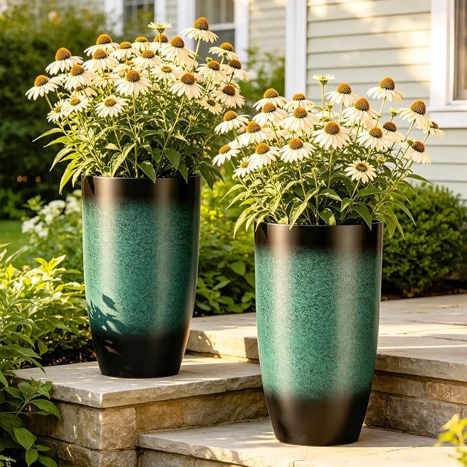 Autodaya 23.8" Tall Outdoor Planters Set of 2 Flower Pot for Outdoor Plants | Faux Ceramic Large Planters with Drainage Hole, Gradient Turquoise Glaze, Weather-Resistant for Garden Patio Porch Home Decor