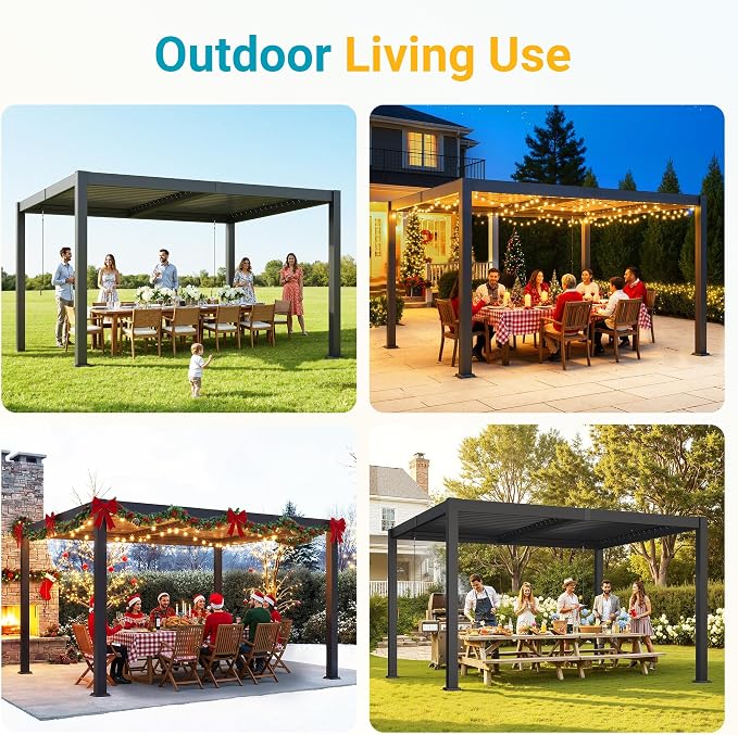 Louvered Pergola, 10' x 12' Outdoor Pergola, Aluminum Frame Patio Gazebo with Adjustable Louvers Roof and Integrated Gutter System, Outdoor Hardtop Gazebo for Patio, Backyard, Deck, Garden, Dark Gray