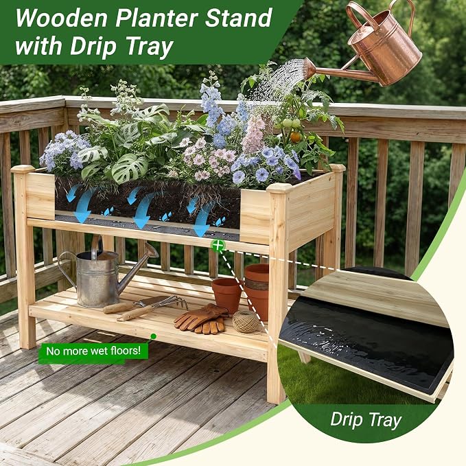 48 x 23 x 31 Inches Raised Garden Bed with Legs, Elevated Wooden Planter Box for Outdoor Plants with Water Collection Tray, Storage Shelf, Protective Liner, Natural