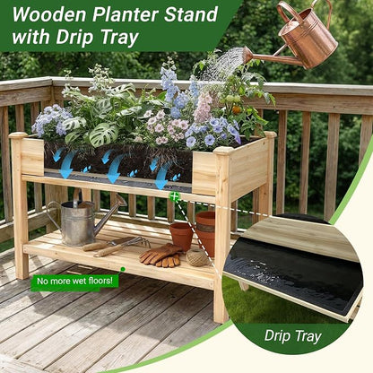 48 x 23 x 31 Inches Raised Garden Bed with Legs, Elevated Wooden Planter Box for Outdoor Plants with Water Collection Tray, Storage Shelf, Protective Liner, Natural