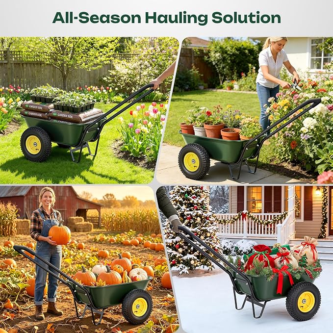 Autodaya 2 Wheel Wheelbarrow, Dual-Wheel Garden Dump Cart with 10" Non-Slip Pneumatic Tires & Ergonomic Padded Handle, Heavy-Duty Home Utility Yard Cart Wagon for Lawn, Farm, Porch, Gardening, Green