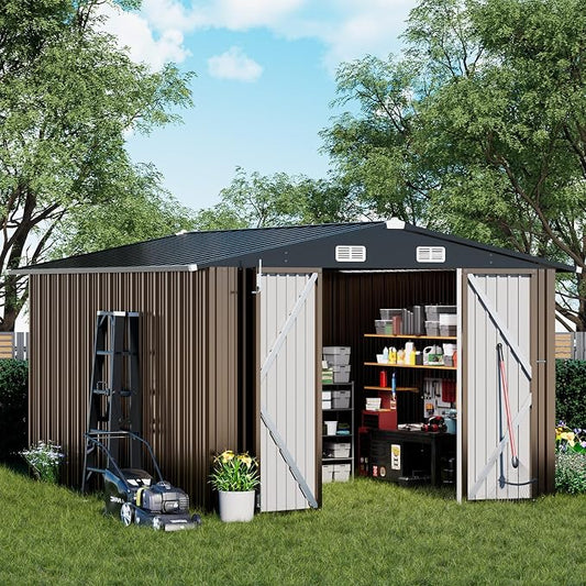 COMHOMA Shed Outdoor Storage Shed Metal,Lockable Doors Tool Sheds with Sloping Roof,Steel Garden Shed with Air Vent for Backyard,Patio,Lawn,Poolside (Brown, 10'x12') | Sloping Roof and Air Vent Perfect for Backyard Patio Lawn and Poolside