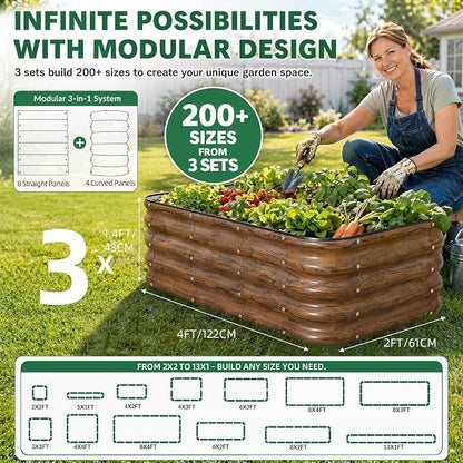 3 Pcs Raised Garden Beds Outdoor, 17" Tall 3-in-1 Modular 4x2ft Galvanized Metal Planter Box with Bracing Rods and Gloves for Vegetables Flowers Herbs, Grain