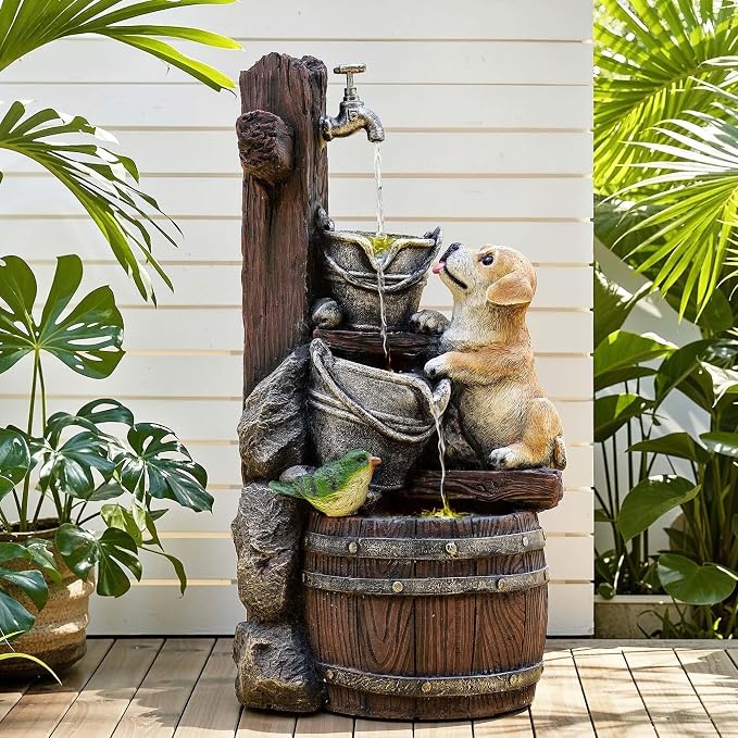 24.5" Puppy & Green Bird Outdoor Fountain with LED Lights | Pastoral Buckets & Wooden Barrel Water Feature, 3-Tiers Soothing Cascading Waterfall for Patio, Backyard, Garden