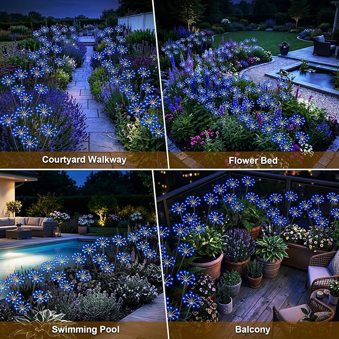 Solar Garden Lights Outdoor, 2 Pack New Upgraded Solar Swaying Starburst Light, Waterproof Fireworks Solar Lights, Yard Patio Pathway Decoration, Blue