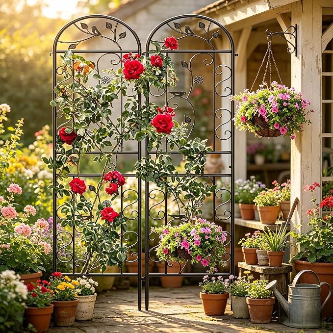 2-Pack 87" x 20" Daisy & Bird Arch Black Metal Garden Trellises | Set of 2 rust-resistant metal trellises with bird, daisy, and scrollwork details, spikes, and support for climbing plants