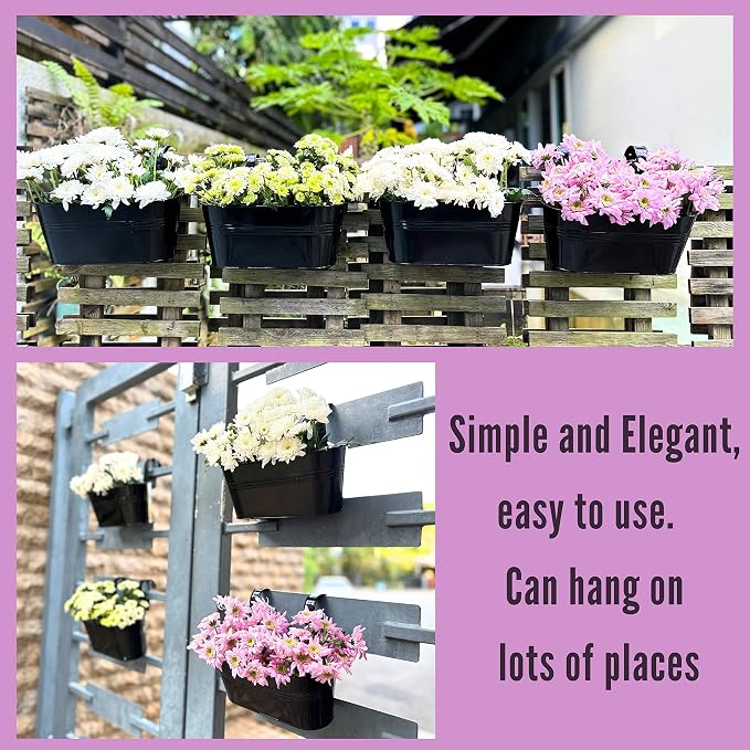 LaLaGreen Rail Planter Outdoor Plants (6 Pack, 9.8 Inch) Small and Cute Black Metal Iron Hanging Flower Pot Deck Railing Fence Buckets Countryside Style Window Box Plant Holder Hooks Porch Decor