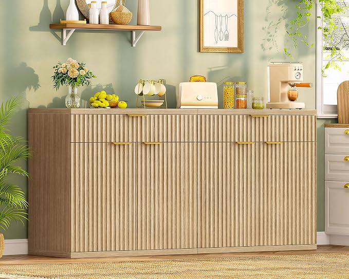 TEENFON 31.5" W Fluted Buffet Cabinet with Storage, Sideboard Cabinet, Coffee Bar Cabinet with 2 Doors and Adjustable Shelf for Living Room, Kitchen, Entryway, Natural