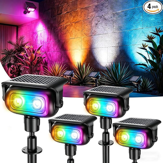 Brizled Solar Spot Light Outdoor Color Changing RGB LED Landscape Spotlight | 360° Rotation; 9 Colors & 11 Modes; IP65 Waterproof; Stake or Wall Mounted for Halloween Christmas Yard Tree Garden Pathway