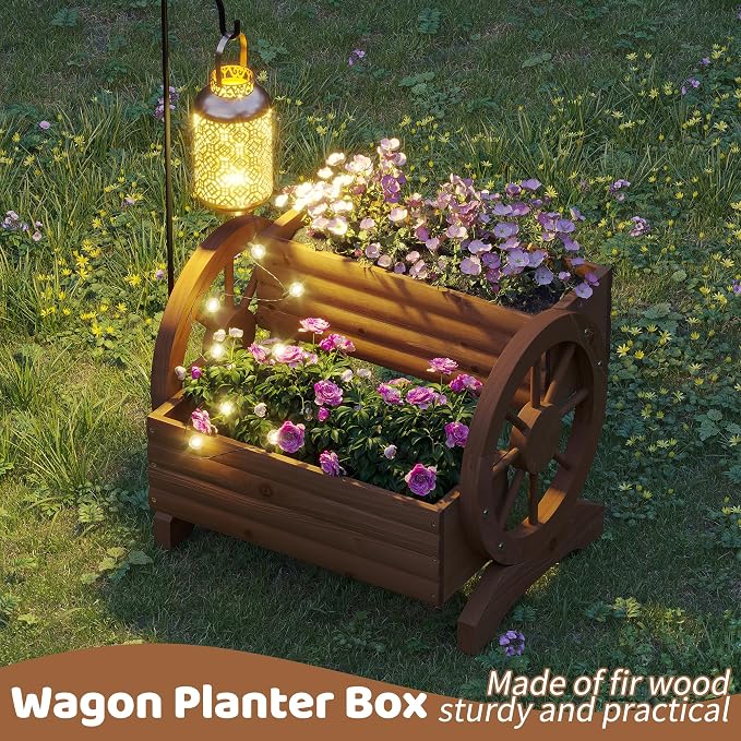 Wooden Wagon Planters for Outdoor Plants, Flower Cart, Wood Planter Boxes Outdoor, Backyard Decor, Flower Planters Outdoor with Wheels Planter for Flowers Vegetables (Brown)