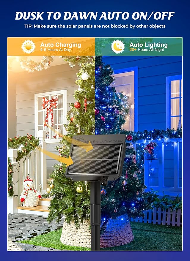 Brightown 2 Pack Solar String Lights Outdoor,Total 80FT 200 LED Solar Powered String Lights Waterproof with 8 Modes, Auto On/Off, Patio Lights for Outside Tree Garden Balcony Party Decor (Blue)