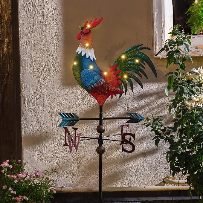 TERESA'S COLLECTIONS Garden Decor with Solar Outdoor Lights, Metal Rooster Weathervane Decorations for Outside, Red Yard Art Sign Decorative Garden Stake for Outdoor Fall Decor Lawn, Gifts for Mom
