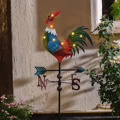 TERESA'S COLLECTIONS Garden Decor with Solar Outdoor Lights, Metal Rooster Weathervane Decorations for Outside, Red Yard Art Sign Decorative Garden Stake for Outdoor Fall Decor Lawn, Gifts for Mom