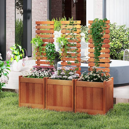 HAPPYGRILL Raised Garden Bed with Trellis, Outdoor Elevated Planter Box w/Trellis, Open-Ended, for Climbing Plant Vine Flower Vegetable, Freestanding Privacy Planters for Patio Yard, 16"x16"x48" (2)
