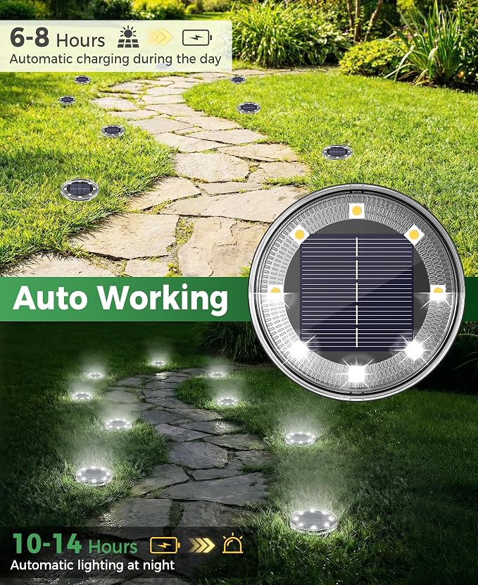 LOTMOS 20 Pack Solar Ground Lights Outdoor, 8 LED Solar Flat Lights IP68 Waterproof Disc Light, Landscape Lighting Solar Powered for Garden Yard Path Driveway Lawn Patio Walkway, Cool White
