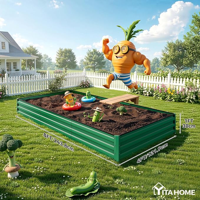 YITAHOME 4pcs 8x4x1ft Galvanized Raised Garden Bed, Metal Planter Box with Safety Rubber, Gloves, Outdoor Flower Bed for Planting Plants Vegetables, Green