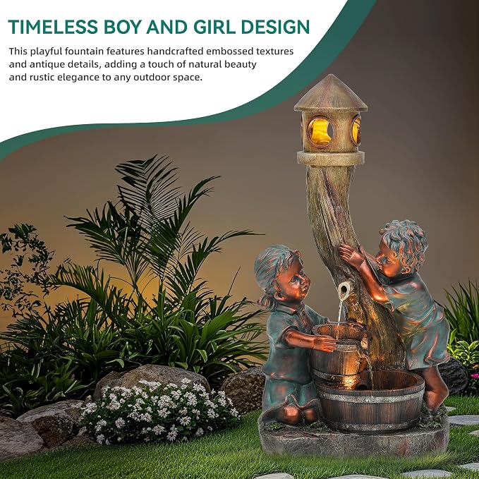 AUTODAYA 31" Boy and Girl Outdoor Fountain LED 3-Tier Cascading Waterfall | hand-painted bronze, nostalgic barrel and children design, patio yard Porch Garden