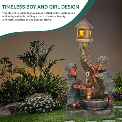 AUTODAYA 31" Boy and Girl Outdoor Fountain LED 3-Tier Cascading Waterfall | hand-painted bronze, nostalgic barrel and children design, patio yard Porch Garden