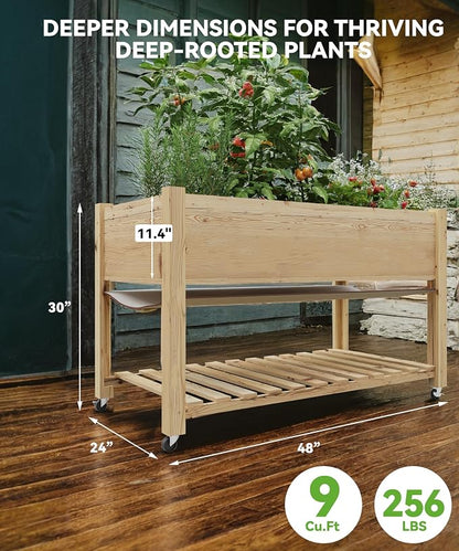 Rolling Elevated Planter Box on Wheels, 48x24x30 Inch Mobile Raised Garden Bed with Locking Casters, Storage Shelf, Wooden Outdoor Planter for Vegetables Flowers Patio Backyard, Natural Wood
