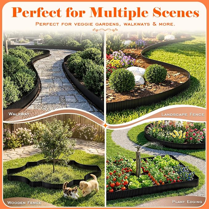 Corrugated Garden Edging, 10"×10Ft Galvanized Steel Landscape Edging & Lawn Edging Border, Metal Garden Border for Flower Beds, Garden，Lawn，Raised Beds & Tree Surrounds (Black)