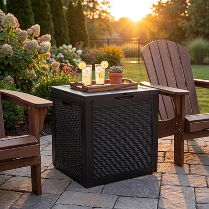 NicBex 30 Gallon Deck Box, Waterproof Resin Rattan Outdoor Storage Box Lockable for Patio Furniture, Fade Resistant Patio Side Table & Organizer for Garden Tools, Pool Floats, Outdoor Cushions, Black