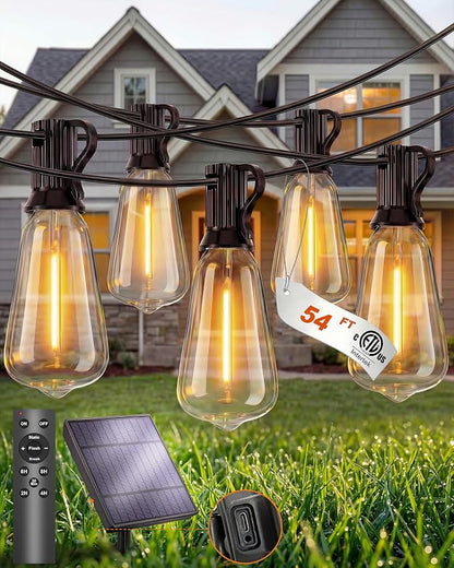 Solar String Lights Outdoor, 54FT(24+1) Patio Lights Waterproof with Remote & USB Port, Dimmable & Timer & 3 Light Modes, ST38 LED Solar Lights for Camping, Backyard, Deck, Garden (2700K)