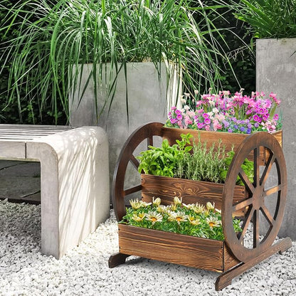 Beeveer 3 Tier Wooden Wagon Planter Box 24" x 24.5" x 22.5" Garden Planter for Outside Wood Planter Box with Drainage Holes Decorative Planters for Patio Garden Balcony Vegetables Flowers Herbs