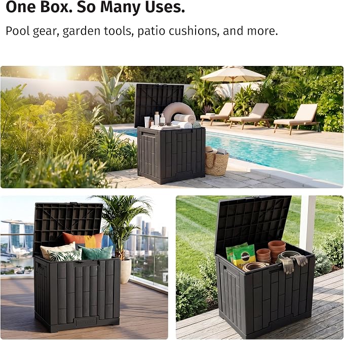 EAST OAK 31 Gallon Outdoor Storage Box, Waterproof Deck UV-Resistant Resin Bin for Patio Cushions, Garden Tools, Accessories & Package, Lockable Wind-Resistant Lid, Steel-Reinforced, Black