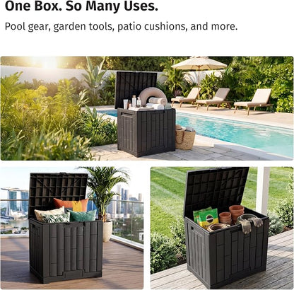 EAST OAK 31 Gallon Outdoor Storage Box, Waterproof Deck UV-Resistant Resin Bin for Patio Cushions, Garden Tools, Accessories & Package, Lockable Wind-Resistant Lid, Steel-Reinforced, Black