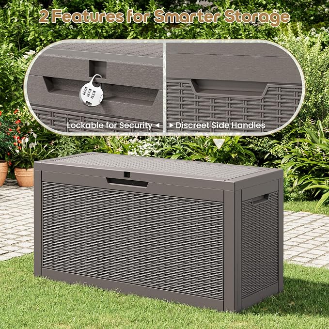 Outdoor Storage Box, 60 Gallon Resin Deck Boxes Outdoor Waterproof For Patio Furniture, Garden Tools, Pool Supplies, Lockable And UV Resistant (Rattan Gray)