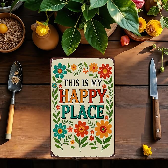 Funnysign Garden Gifts This Is My Happy Place Vintage Tin Sign for Home Garden Greenhouse Patio Yard Decor 8 X 12 Inch(3981)