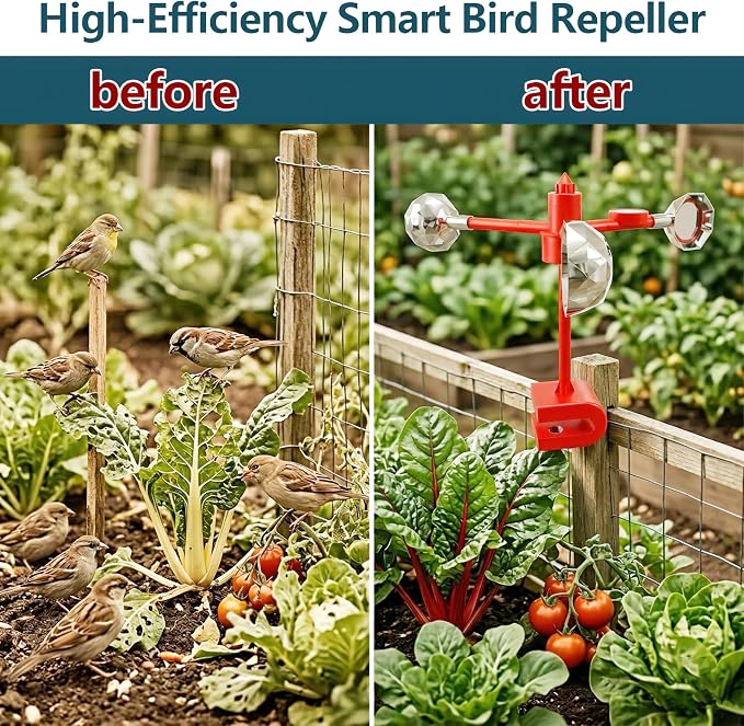 Bird Scare Reflective Device,Silver, Wind Powered Spinning, Bird Reflectors, Keep Pigeon Woodpeckers Seagull Away for Garden Patio,Equipped with a Straight Pole and a Base.