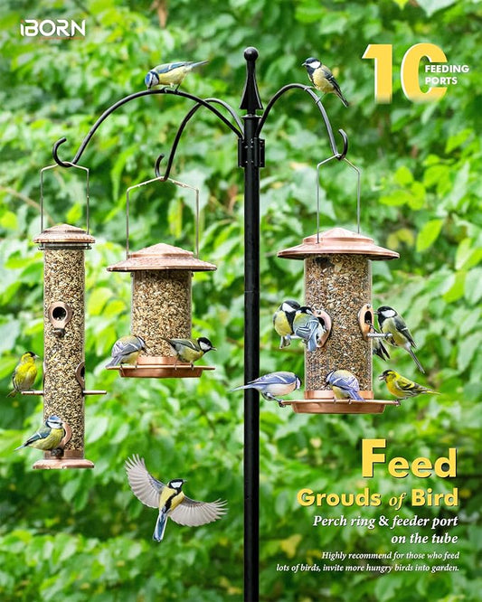 iBorn Metal Bird Feeder for Outside Hanging,Wild Bird Feeders for Cardinal,17.8cm Large Roof&Tray Brushed Copper 10 Port(Seed is not Included)