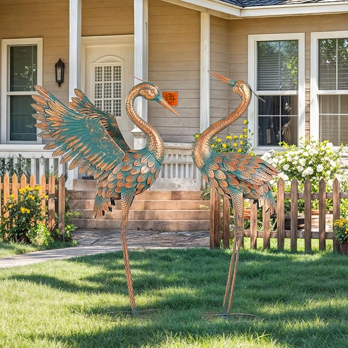 36.8" Metal Crane Garden Statue, Extra-Large Heron Yard Art | Handcrafted Blue Heron with U-ground Stakes for Stability. Weatherproof Iron Bird Art for Backyard, Lawn, Pond, or Patio.