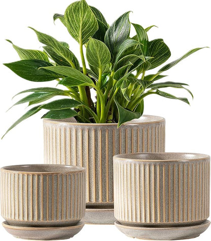 SURE YUESI Ceramic Plant Pots Set of 3, Indoor Outdoor Planters with Drainage Hole and Saucer, Ceramic Flower Pots for Indoor Plants, 4.3+5.5+6.8 Inch, Home, Garden, Patio and Office, Matte Grey