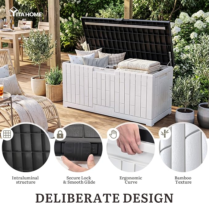 YITAHOME Large Deck Box 120 Gallon Resin Outdoor Storage Box | Patio Storage Bin for Outdoor Pillows, Garden Tools and Pool Supplies, Waterproof, Lockable, Grayish-White